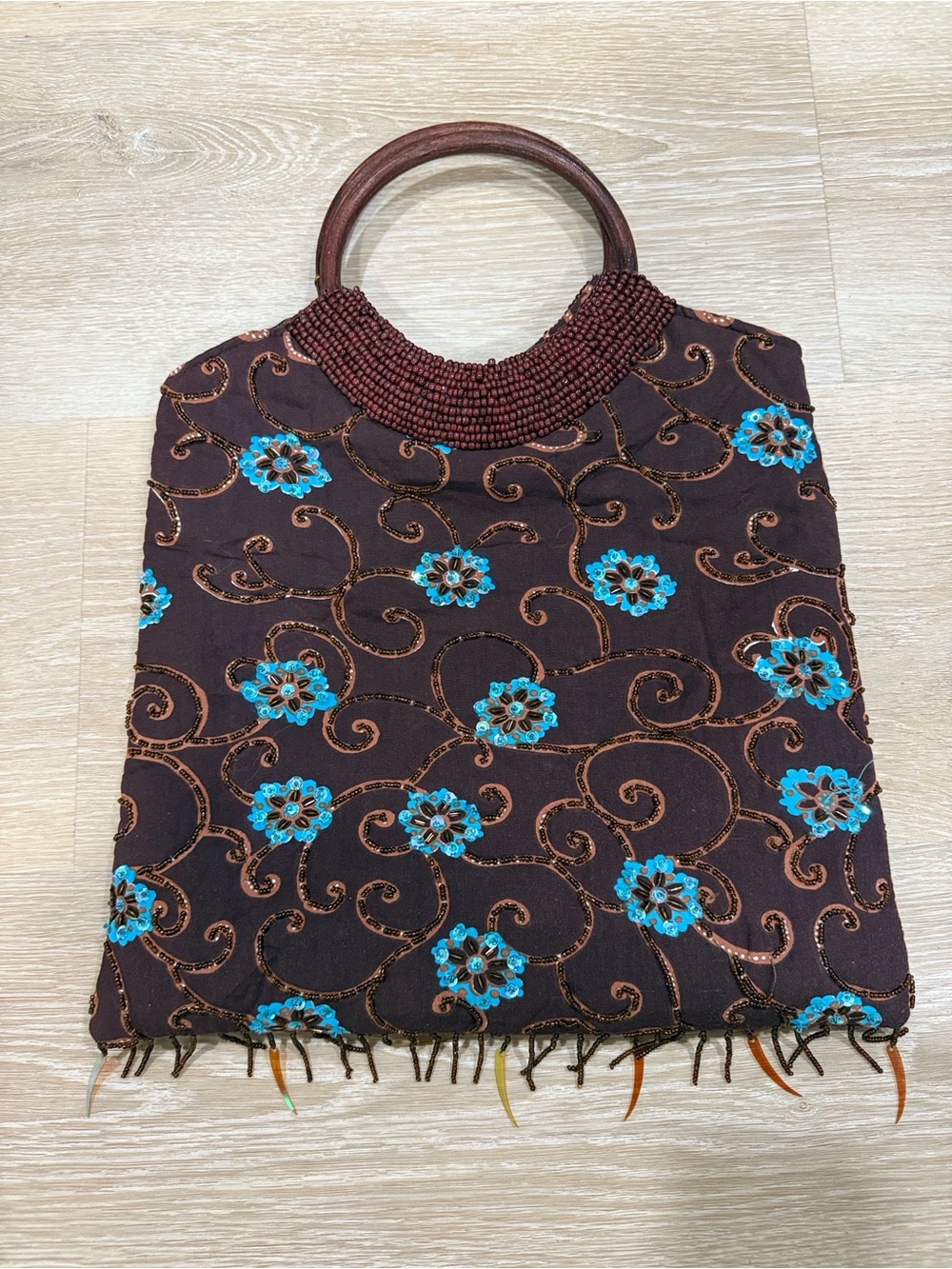 Vintage Embellished Brown & Turquoise Floral Beaded Handle Tote